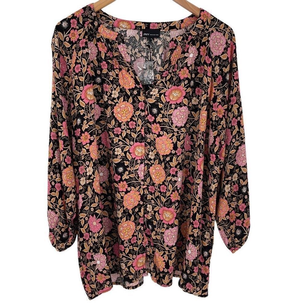 Jones New York Split V-Neck Button Front Blouse Floral Women 1X Black Pink Tan‎